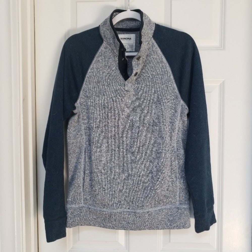 Sonoma Good For Life Men's Gray Blue Sweater with Pocket, 1/4 Button Down Size S